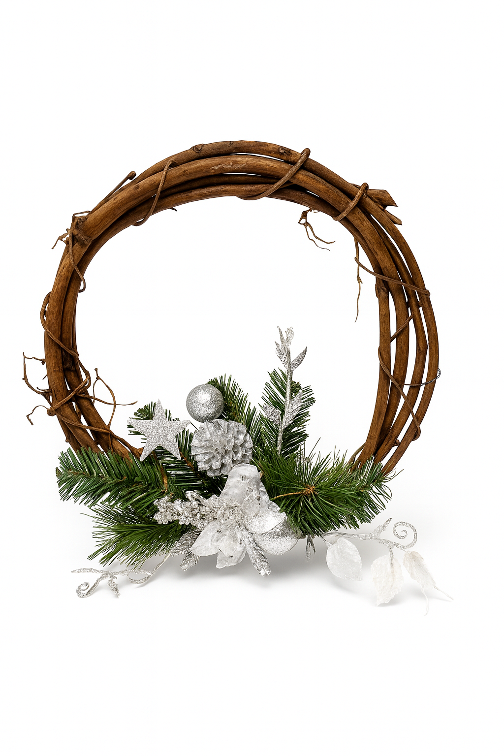Corona Navideña Rústica con Adornos Plateados – 30 cm | NORDLYS