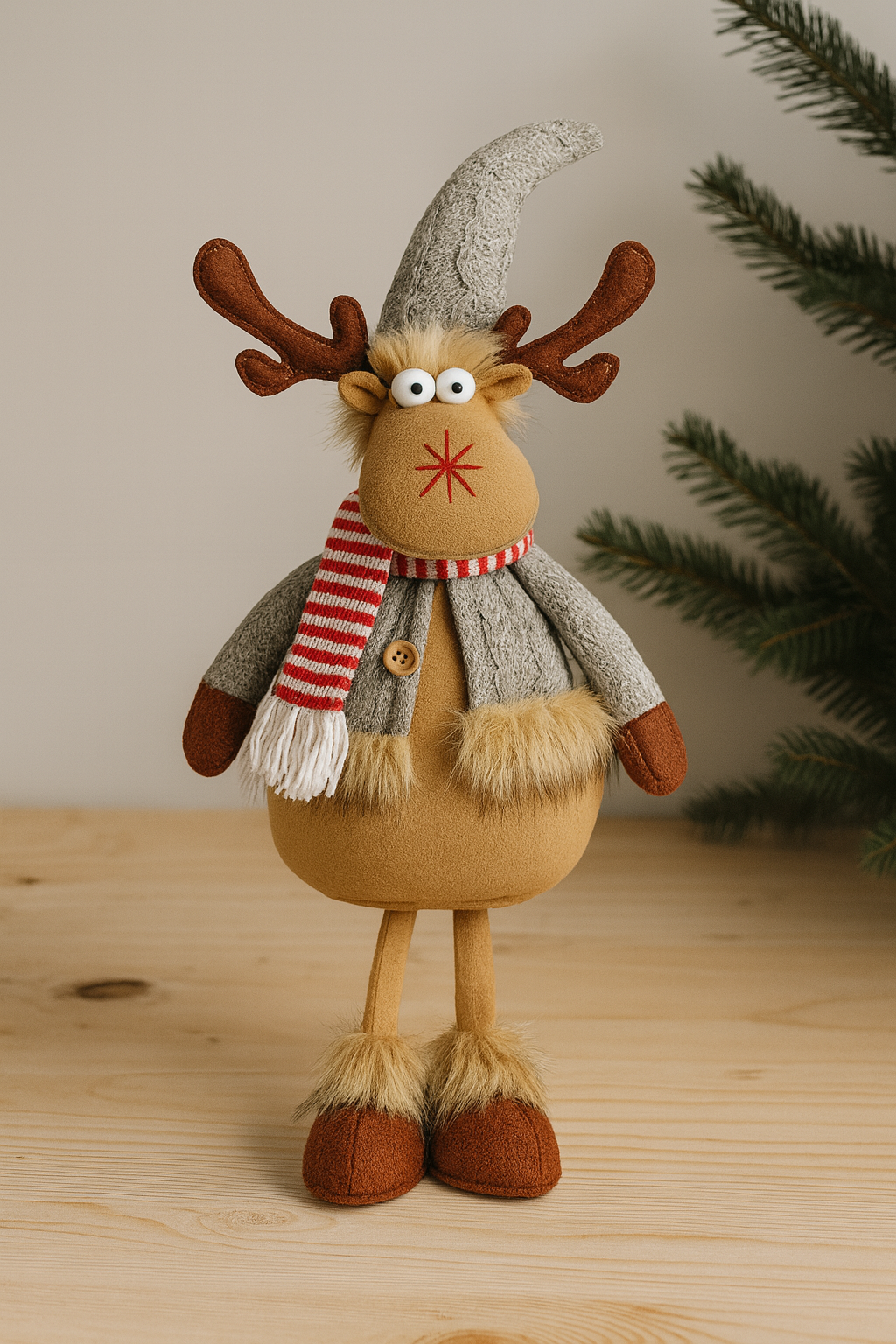 Reno Decorativo de Tela – Piernas Largas con Gorro y Bufanda | NORDLYS