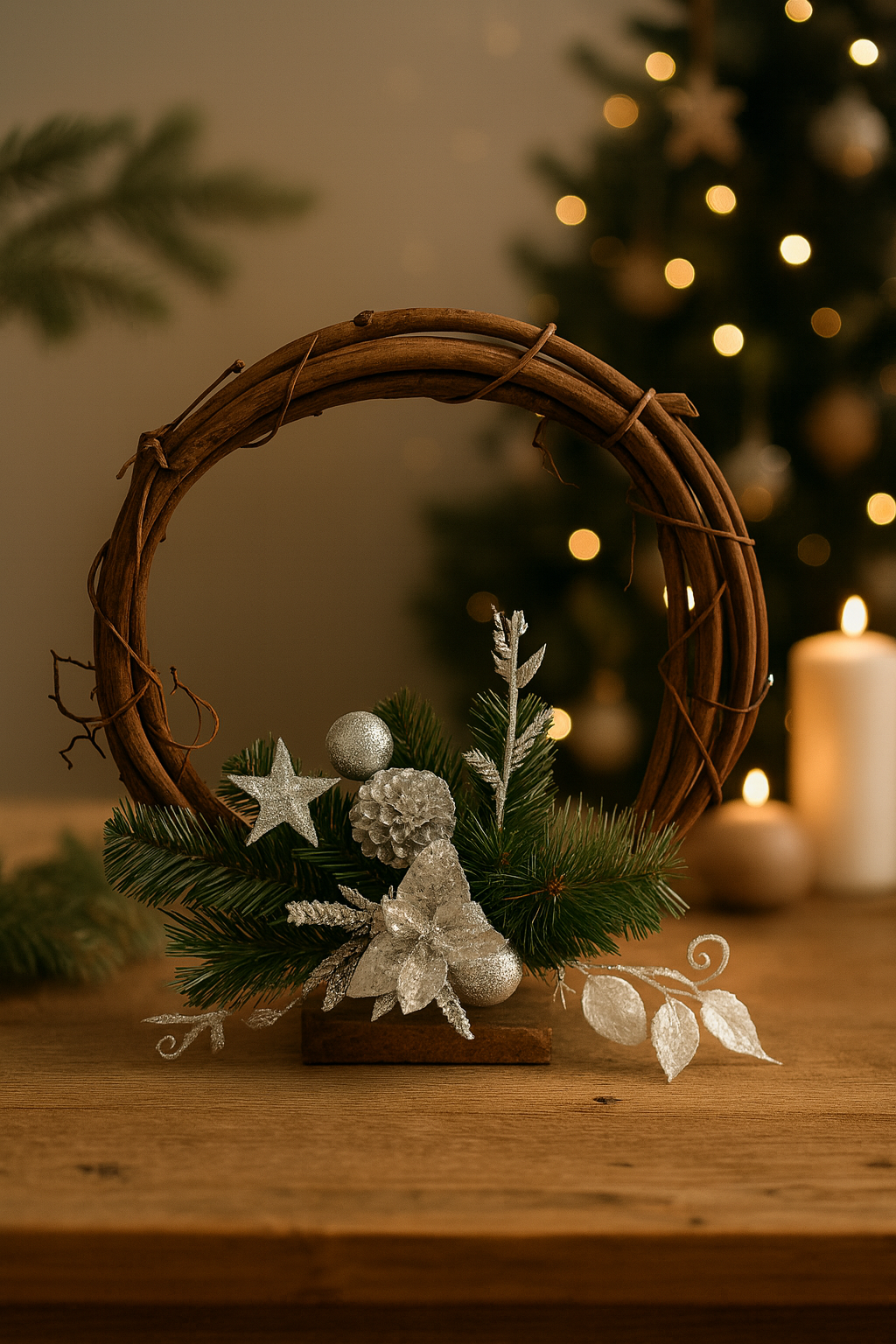 Corona Navideña Rústica con Adornos Plateados – 30 cm | NORDLYS