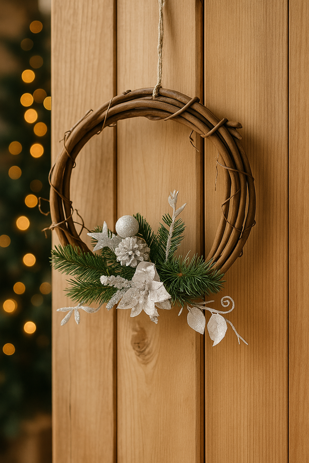 Corona Navideña Rústica con Adornos Plateados – 30 cm | NORDLYS